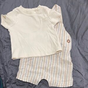 Cream T-Shirt and Striped Overalls Set